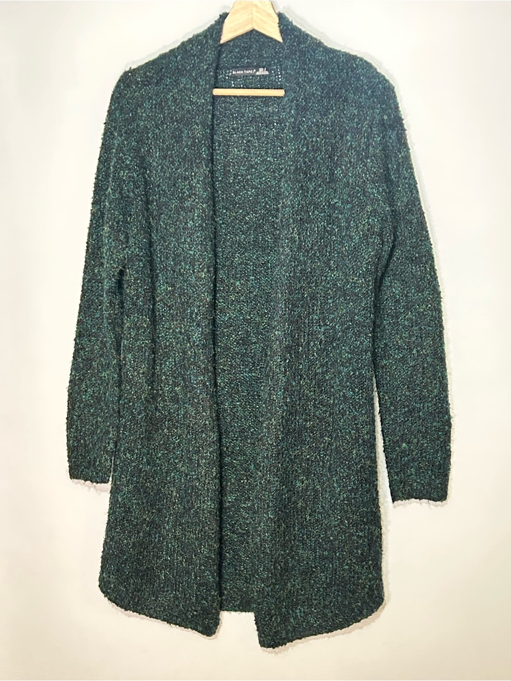 Black Tape Emerald-Green Marbled Bouclé Longline Open Front Cardigan Size S - Picture 2 of 9